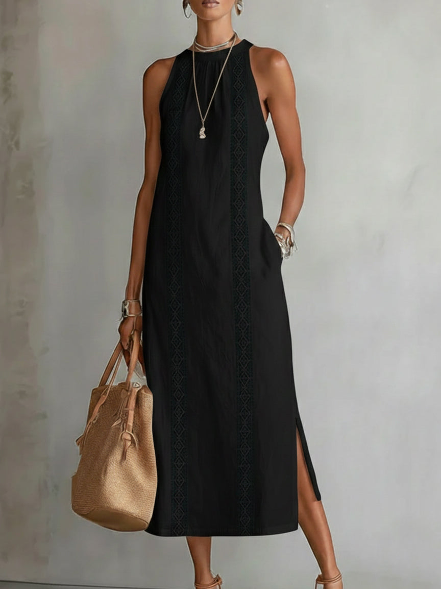 Jimena | Vestido Midi Relajado Bordado con Cuello Mao